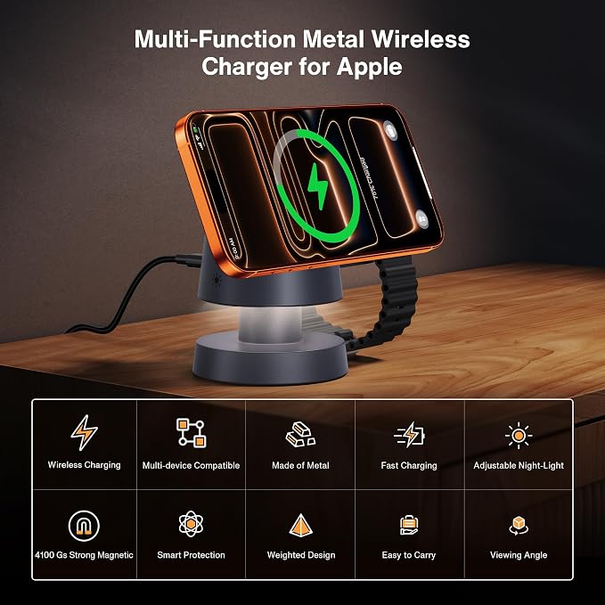 iVANKY 4 in 1 Qi2 Certified 15W MagSafe Wireless Charger Station with Night Light, 3 in 1 Fast Charging Stand for iPhone 17e/17/16/15/14/13 Pro Max Air, Apple Watch, Airpods（Includes 33W Adapter） ﻿ ﻿