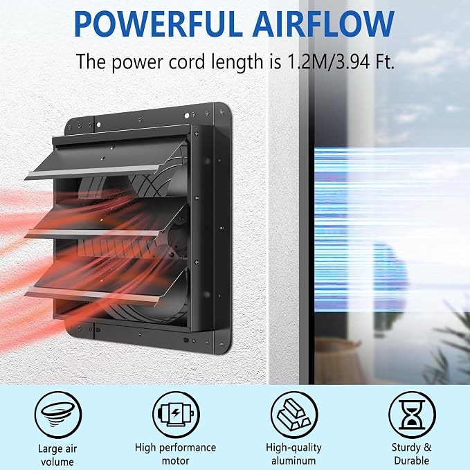 12 Inch Shutter Exhaust Fan, Aluminum Wall Mounted Exhaust Fan with Power Cord,1030 CFM High Speed Automatic Louvered Vent Fan for Greenhouse, Factory,Shop,Garage, ETL Listed