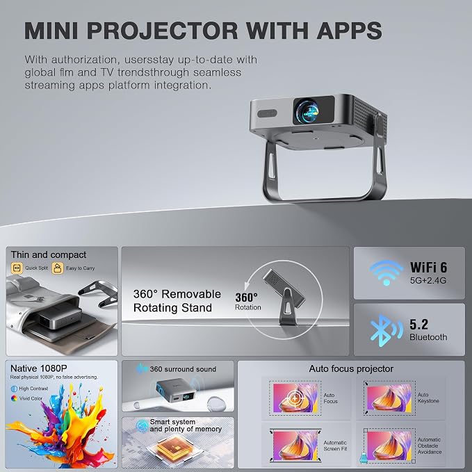 [Officially-Licensed App & Auto Focus]Light Silver Smart Mini Projector with WiFi and Bluetooth, XuanPad 4K Support Movie Projector, Portable Native 1080P Outdoor Projector with 360° Stand