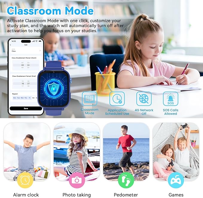 4G Kids Smart Watch Phone GPS, Smartwatch for Boys Girls Ages 4-12 Years with Video Call Chat Class Mode SOS Camera Alarm Games Parental App Touch Watch Gifts for Children (Includes SIM Card) Blue