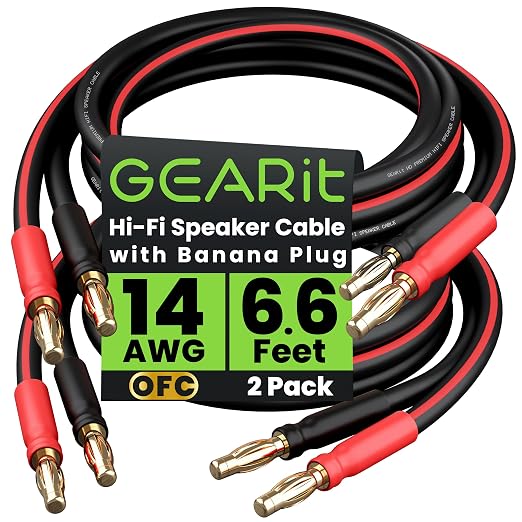GEARit 14 Gauge OFC Speaker Wire with Banana Plugs, 2 Pack 6.6 Ft Speaker Cable with Gold Plated Tips, High-Fidelity Audio for HiFi, Bi-Wire, Bi-Amp & Surround Sound Speakers, Black