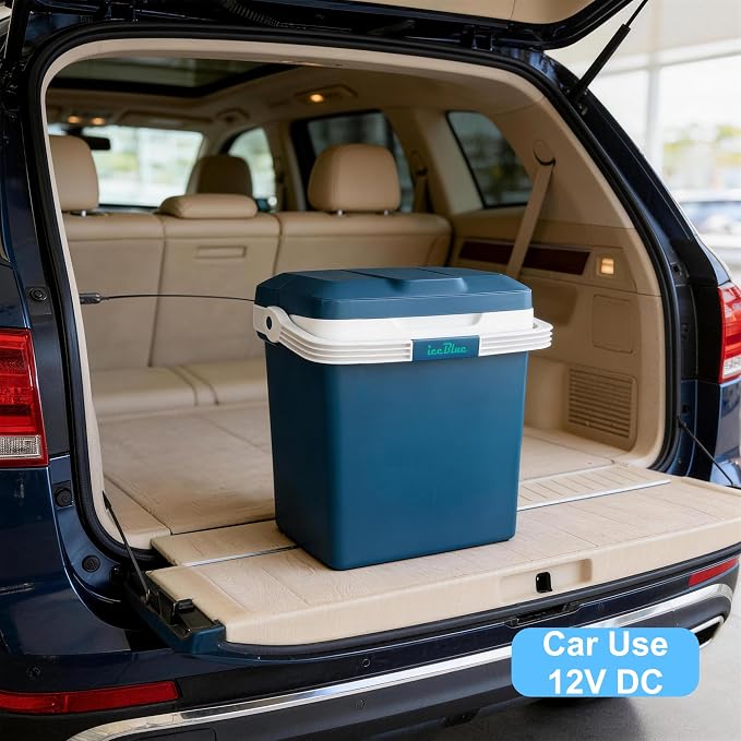 Iceblue Electric Cooler, 26 Liters/28 Cans Mini Fridge with Automatic Locking Handle, 120V AC Home Power Cord & 12V Car Adapter Car Refrigerator, Car Fridge for Home, Car, Gift (Blue)