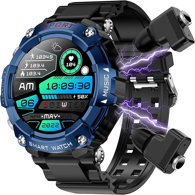 Smart Watch with Earbuds for Men, 1.52 Inch Round Fitness Watch T96, 2 in 1 Bluetooth Watch with Step,Calories, Sports Smart Watch Long Time Standby for iOS & Android