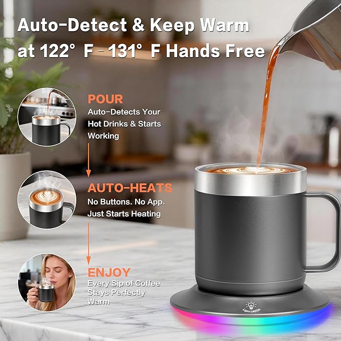 Heated Coffee Mug 12oz Champagne Gold - USB Cup Warmer with 131°F, Night Light, 10H Timer