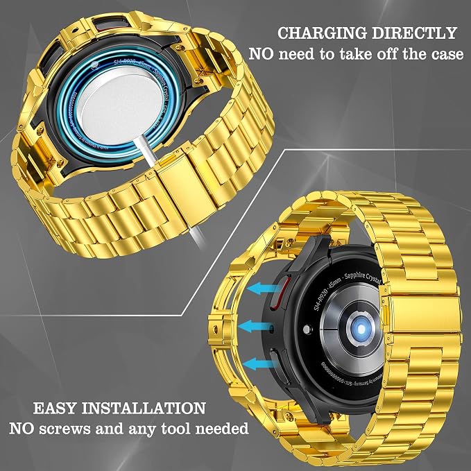 SUPLINK Metal Case and Band Compatible with Samsung Galaxy 6 Watch band Men, Stainless Steel Protective Case Bumper Bands for Samsung Watch 6 44mm, Gold