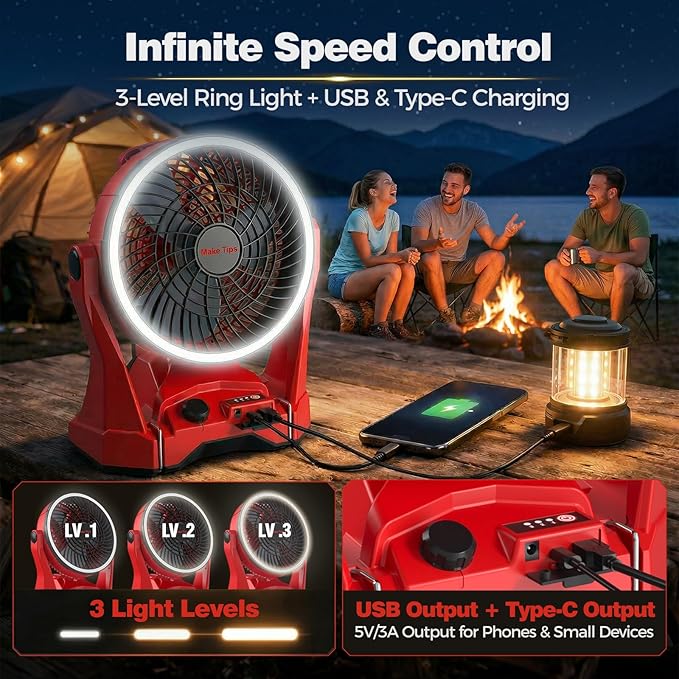 Fan for Milwaukee M18 Battery, Portable Jobsite Camping Fan with Infinite Speed Control, 3-Level Ring Light, USB-C and USB Charging, Hook, Handle, 180° Tilt for Outdoor Use, Battery Not Included