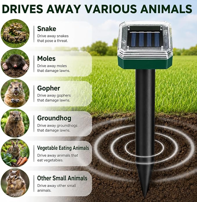 4 Pcs Mole Repellent Solar Powered Ultrasonic Snake Repellent for Yard Skunk Vole Gopher Armadillo Rabbit Groundhog Chipmunk Raccoon Repellent for Lawns, Garden, Outdoor Waterproof Sonic Detterent