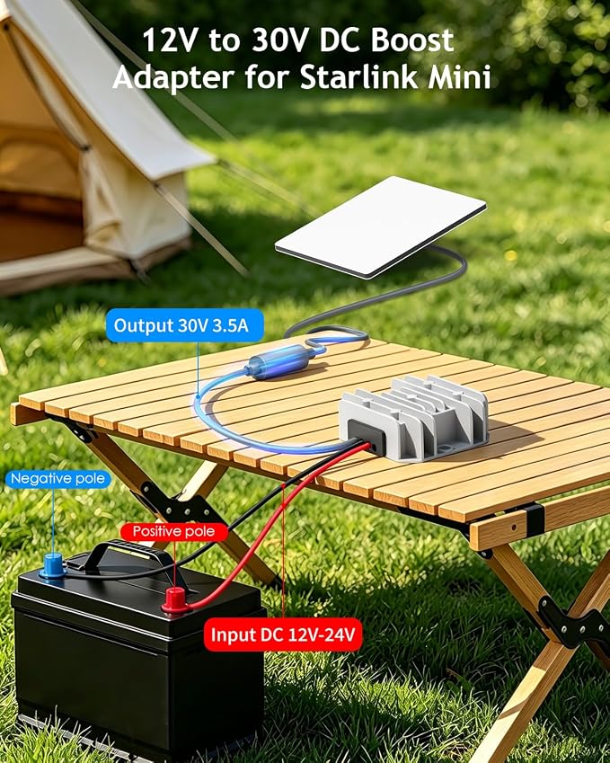 Starlink Mini 12V Adapter,12V/24V to 30V 3.5A DC Step Up Converter Starlink Mini Power Supply Adapter with Battery O-Ring Cable,Waterproof DC Port,9-28V Input,No Voltage Drop for Truck RV Accessorie