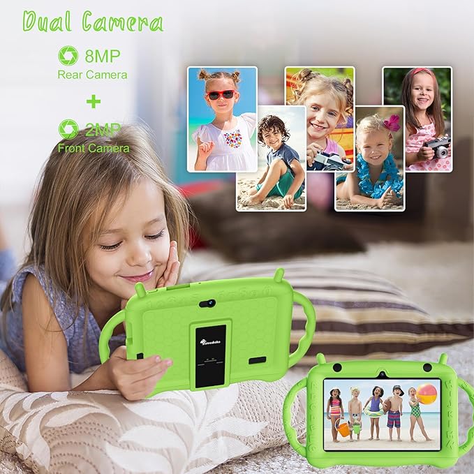 7 inch Tablet for Kids 2-10, Educational Learning Toddler Tablet Android 12 with Shockproof Case, 2GB RAM+32GB ROM, Parental Control, Dual Camera, Gift for Boy Girl（Green）