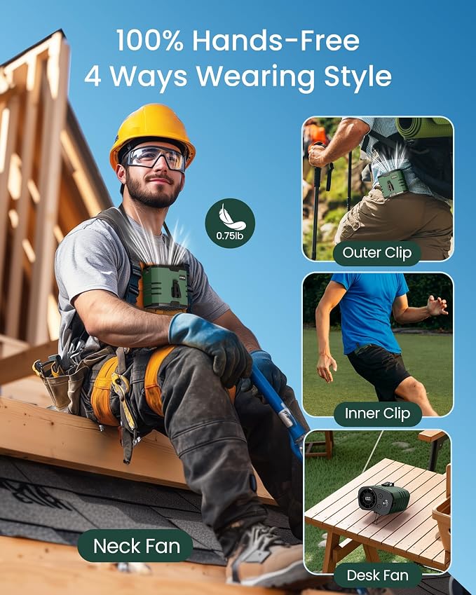 Portable Waist Fan 10000mAh Rechargeable,Clip on Belt Fan With 10 Speeds 16000PRM Strong Airflow,Hands-Free Hanging Neck Fan,Long-Lasting Cooling for Camping,Hiking,Outdoor,Jobsite,Green