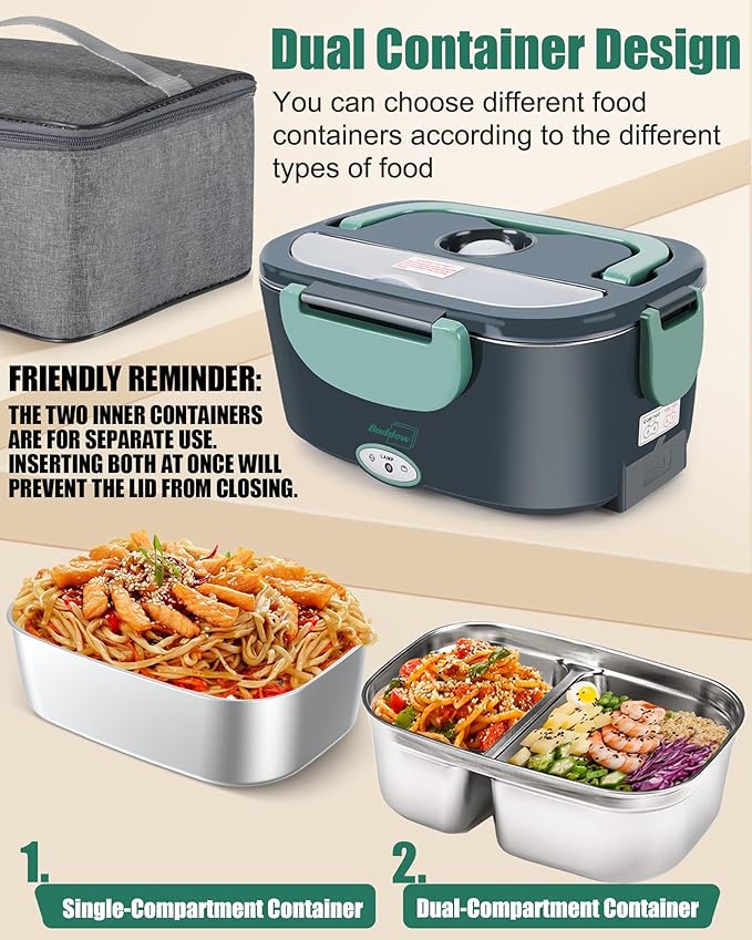 Buddew Electric Heated Lunch Box, 80W Fast Heating with Dual 1.5L Food-Grade 304 Stainless Steel, 12V/24V/110V Portable Food Warmer for Car Truck Office Adults, Lonchera Electrica Portatil (Green)