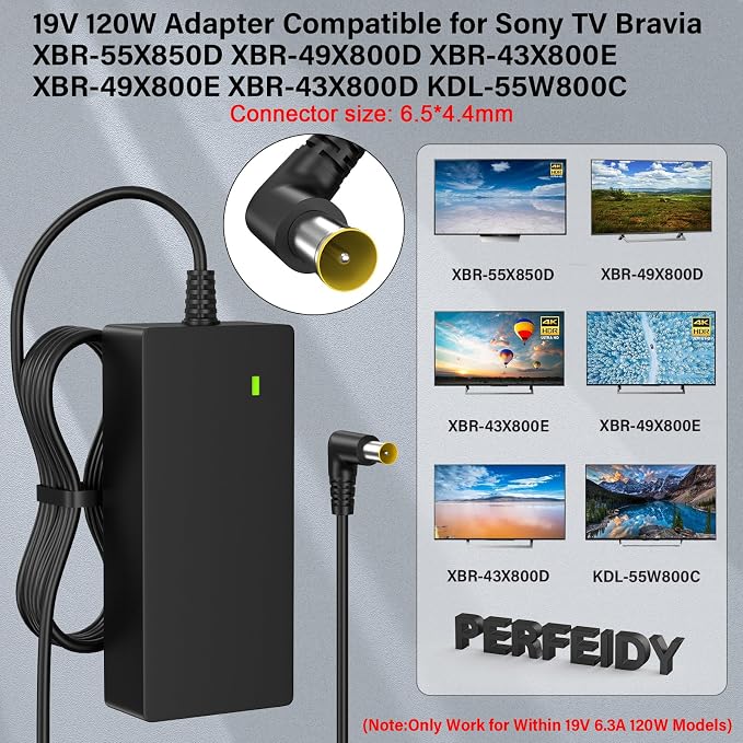 Power Cord 19V 120W for Sony TV Bravia XBR-55X850D XBR-49X800D XBR-43X800E XBR-49X800E VGPPRZ20A KDL50W800D KDL-55W800C KDL-55W805C VGPPRZ20C KD-55X720E Charger AC DC Adapter Perfeidy