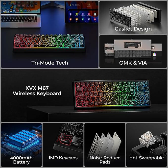HITIME x XVX M67 60% Percent Keyboard Wireless, QMK/VIA Topographic Gaming Keyboard, Tri-Mode Thocky Creamy Mechanical Key Board, Hot Swappable Mount RGB IMD Tech for Win/Mac, Black