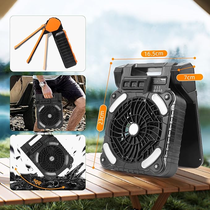 Solar Powered Fan for Camping 20000mAh Portable Rechargeable Solar Camping Fan for Gazebo with LED Light & Timer, 4 Speed Cordless Battery Powered for Outdoor Stay Cooling, Black