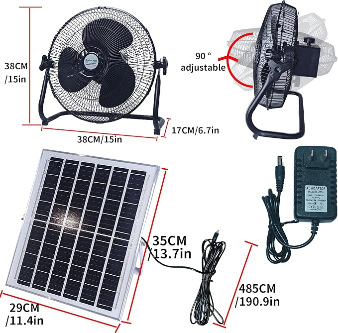 12-Inch Outdoor Solar Fans for Patios, Solar & AC Power Combined Charging Cordless Fan, Rechargeable Fan Large is Suitable for Ventilation, Camping, Outdoor Workplaces