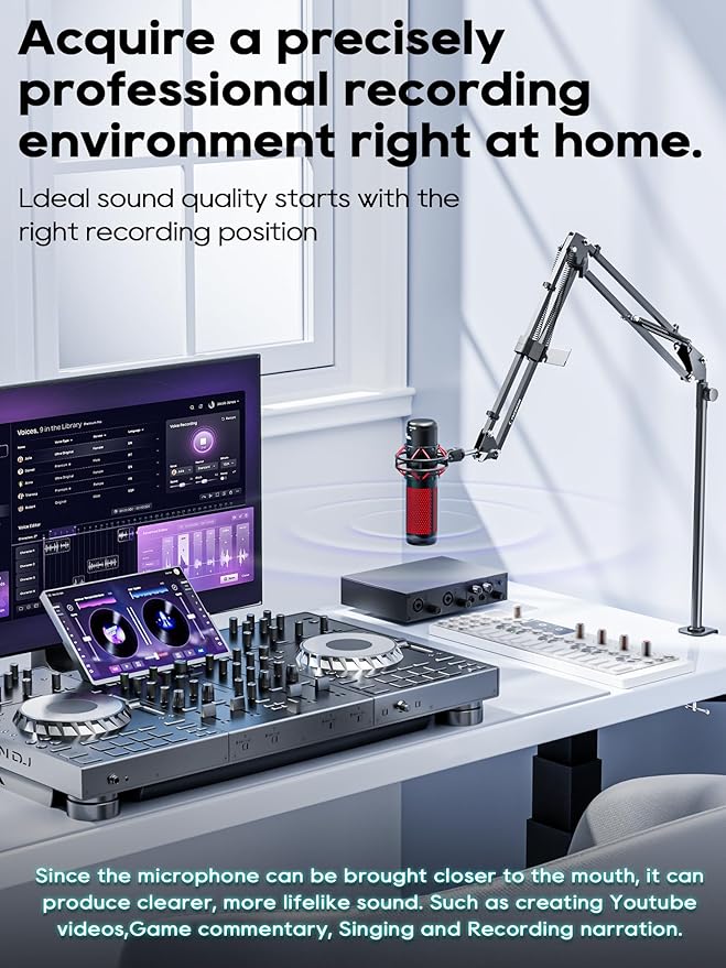 M05 Boom Arm, 360° Rotatable Microphone Stand with Desk Mount (White (Overhead))