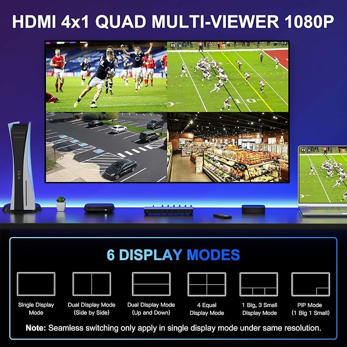 HDMI Multiviewer Switch 4x1 with PIP, PORTTA Quad Multi Viewer Seamless Switcher 4 in 1 Out with Toslink, 3.5mm Audio Output Support 1080p 60Hz, 6 Viewing Modes, Downscaler, Compatible with PS4 Xbox