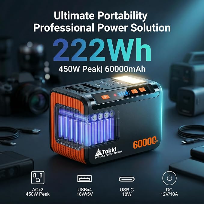 Takki 250W Portable Power Station 222Wh Camping Backup Lithium Battery with Pure Sine Wave AC Outlet 110V Solar Generator for Camping CPAP Home Use Backup Emergency Laptop