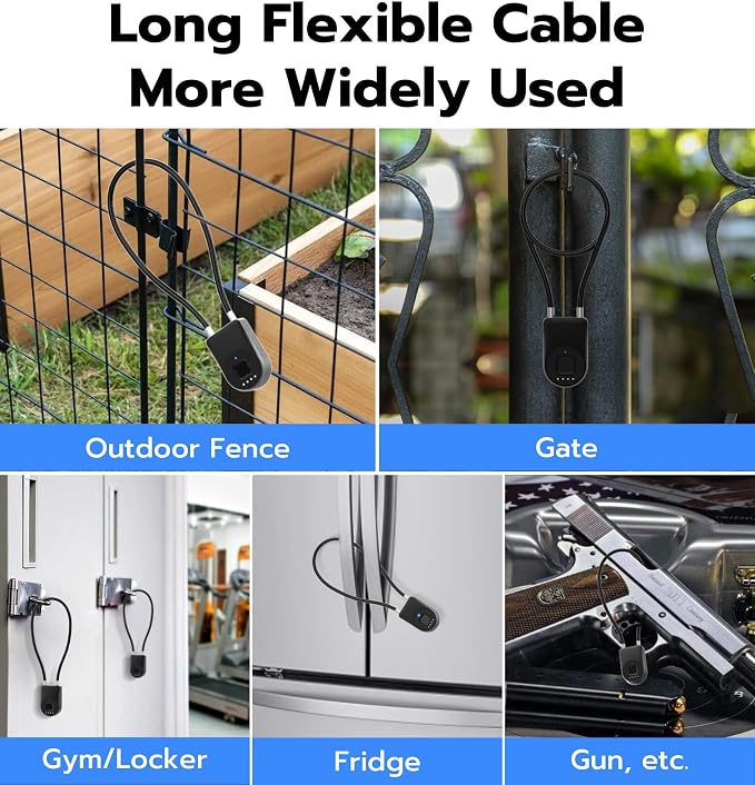 Anweller Fingerprint Cable Lock, 14" Long Shackle Small Padlock, Keyless Entry Biometric Bluetooth Smart Waterproof Combination Pad Lock for Gate Outdoor Fence Fridge Cabinet Locker Pool Bike - Black