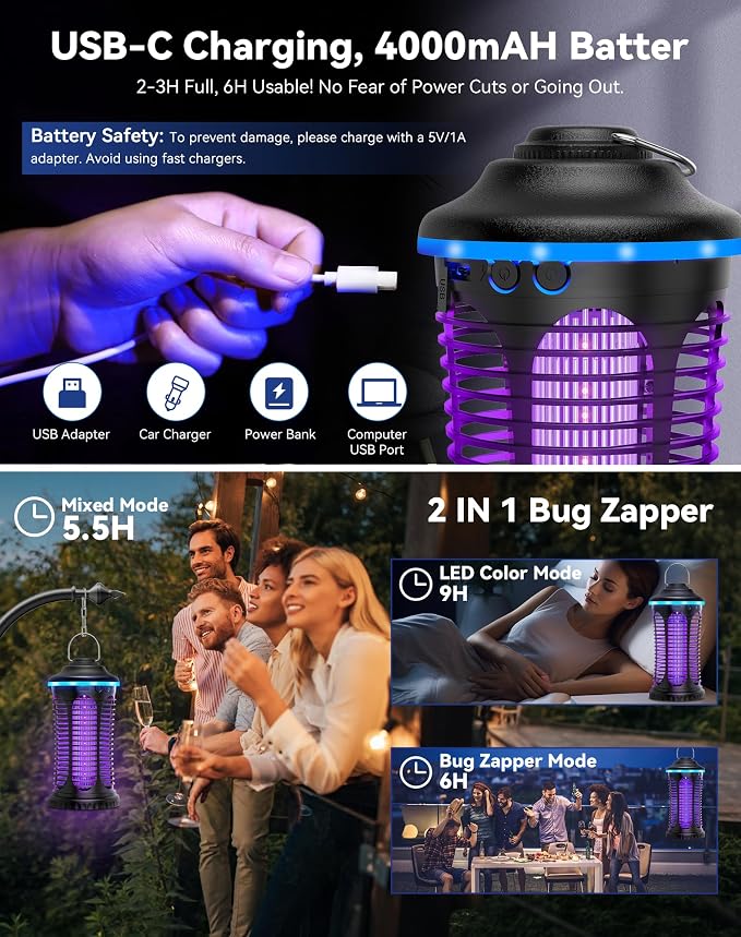 Rechargeable Bug Zapper Outdoor Indoor, Mosquito Zapper Cordless with 4000mAh Battery, RGB Light, USB-C Charging, 1/2 Acre Coverage, IPX4 Waterproof, Portable Fly Zapper for Camping, Patio, Garage