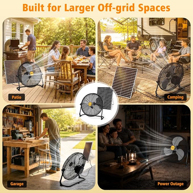 T-SUNiceM 16" Portable Battery Operated Solar Fan for Outdoor Indoor | 15600mAh Rechargeable Battery,25W Motor with Aluminum Blades,3.5H Fast Charging,360° Tilt Design,USB Type-C Output
