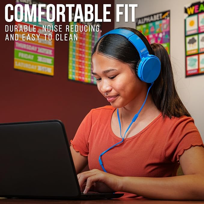Barks Classroom Headphones with Microphone (Blue, 12 Pack) - Wired 3.5mm On-Ear Bulk Headphones for Classroom: Best for Students K-12 Schools (Durable, Inline Microphone, Great Recording Quality)