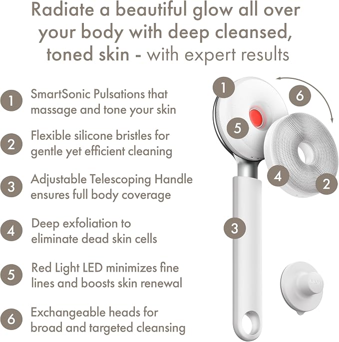 GESKE LED Sonic Full-Body Brush | 9 in 1 | Body Cleansing Brush & Intensive Exfoliator with LED | with SmartSonic Pulsations | Expert Deep Cleansing & Massage | Rough Skin Remover | Adjustable Handle