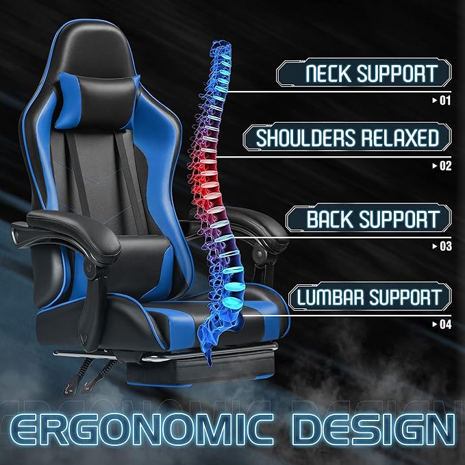 Homall Gaming Chair, Video Game Chair with Footrest and Massage Lumbar Support, Ergonomic Computer Chair Height Adjustable with Swivel Seat and Headrest (Blue)