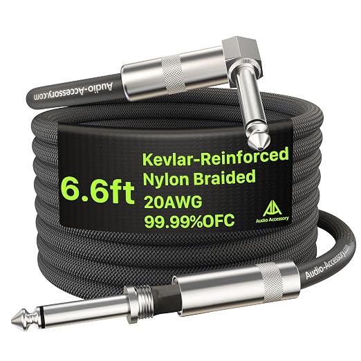 AA AUDIO ACCESSORY Right Angle Guitar Cable 6.6ft, Nylon Braided Anti-Kinking Kevlar-Reinforced, 20 AWG 99.99% OFC 1/4 Instrument Cable, AL & OFC Shielded Guitar Cord for Fender Electric Guitar