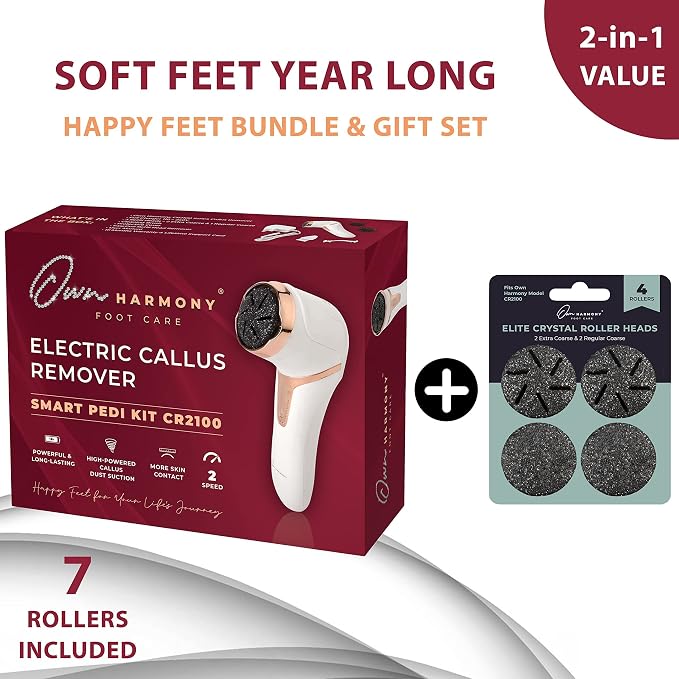 Own Harmony Electric Callus Remover with Vacuum and 7 Rollers Bundle - Foot Care for Women - Professional Pedicure Tools for Pedi Care Vac, CR2100 Electric Feet File, Best for Hard Dry, Cracked Heels