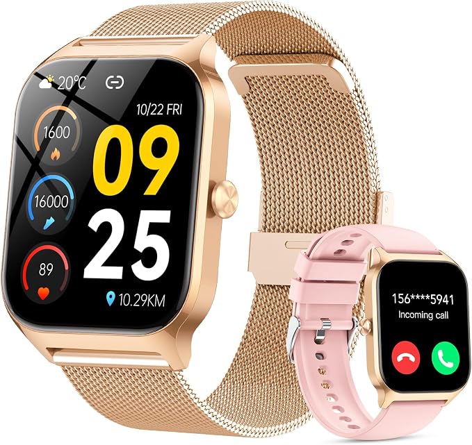 Smart Watch for Women with Bluetooth Calling, Fashion Fitness Tracker, 1.85" HD Touch Screen, AI Voice Assistant, Heart Rate Sleep Monitor, 120+ Sports Modes, Compatible with Android iPhone, 2 Bands