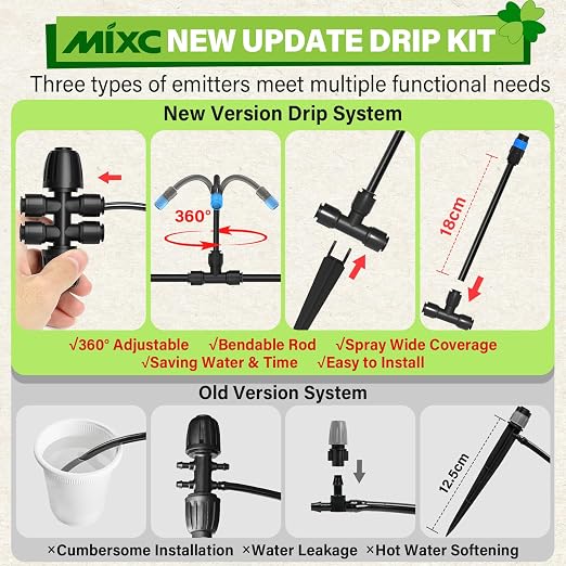 MIXC 2026-Upgrade 360° Adjustable Drip Irrigation System Kit, 133FT Bendable Watering Misting System with 3 Spray Nozzle Types, 1/2" (33FT) & 1/4" (100FT) Tubing for Garden Raised Bed Lawn Greenhouse