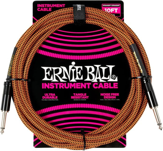 Ernie Ball Braided Instrument Cable Straight/Straight 10ft - Pumpkin Pie
