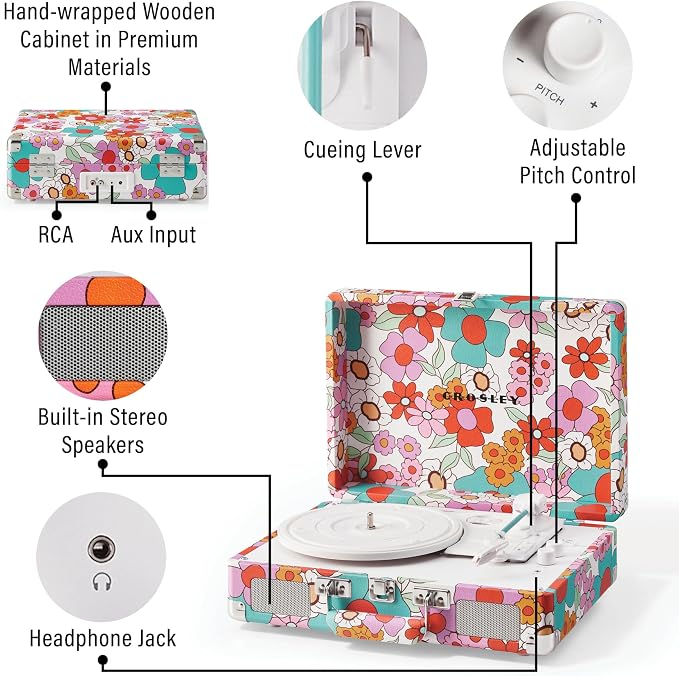 Crosley CR8005F-GF Cruiser Plus Vintage 3-Speed Bluetooth in/Out Suitcase Vinyl Record Player Turntable with Built-in Speakers, Groovy Floral