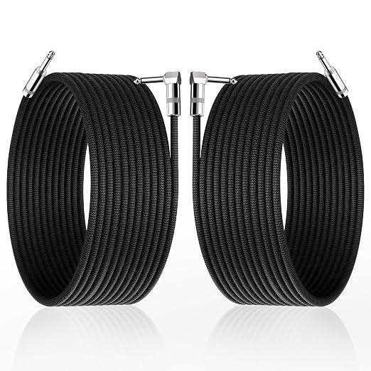 Guitar Cables 25 ft, Amp Chord Electric Guitar Aux Amp Cord Braided, TS 1/4 Quarter Inch Straight to Right Angle Bass Instrument Cable Pro Audio (Black, 2-Pack)