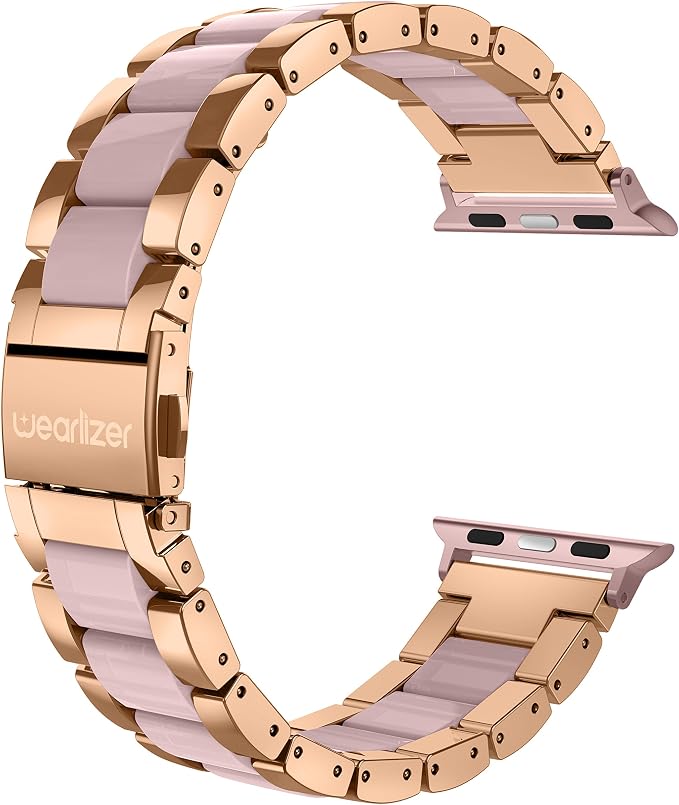 Wearlizer Compatible with Apple Watch Band 38/40/41/42mm Fashion Wristbands Women, Stainless Steel + Resin Metal Replacement for iWatch Series 11 10 9 8 7 6 5 4 3 SE/Ultra 3 2 1-Dark Rose Gold+Pink
