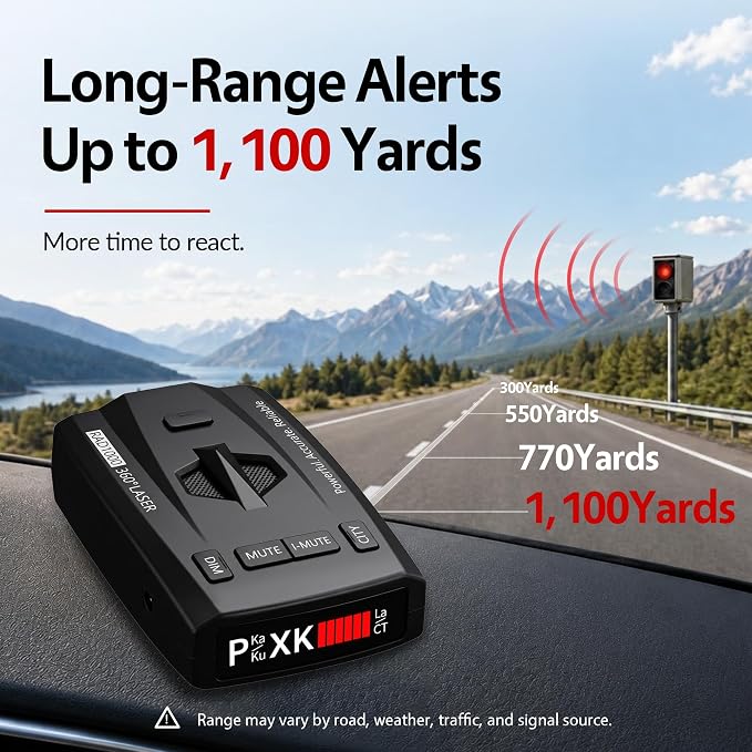 Radar Detector for Cars, Long Range Radar & Laser Detector Up to 1,100 Yards, X/K/Ka/KU/ST/CT Band Detection, DSP False Alert Filtering, Voice Alerts, RDD Stealth Technology, City/Highway Modes