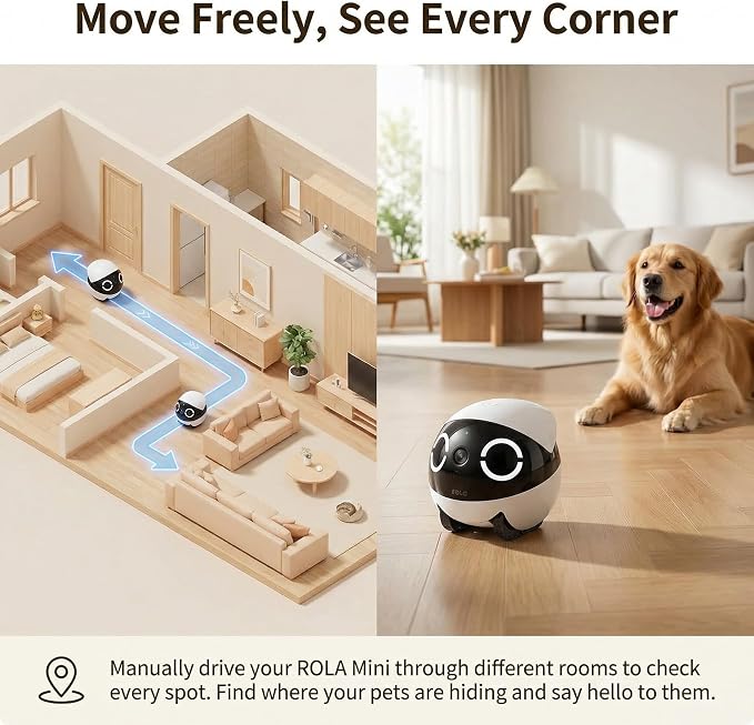 Mini Pet Camera Robot - Enabot EBO ROLA 2K HD Indoor Movable Camera with 5000mAh Battery, Two-Way Talk, Night Vision, Motion Detection, One-Touch Call for Pet Monitoring & Family Companion