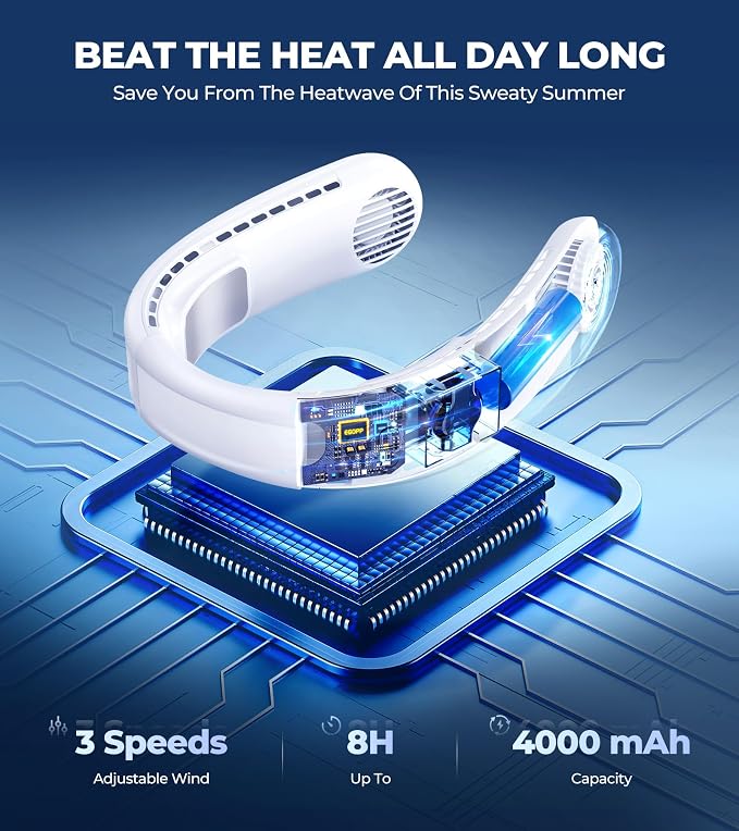 1S Cool Down 30°F Neck Fan with Double Semiconductor Coolers, 360° Surrounded Personal Fans Air Conditioner that Blow Cold Air, 8H lasting Portable Fan with 3 Speed, Gifts for Men Women Outdoor Travel