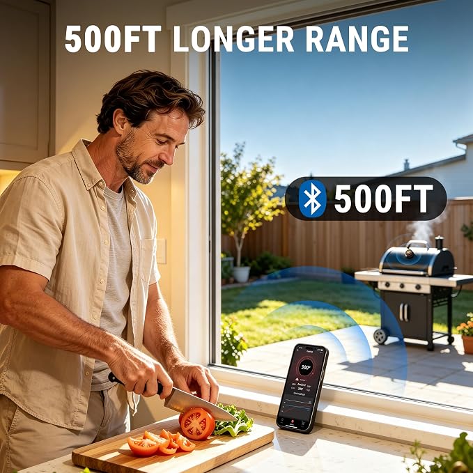 TempPro Bluetooth Grill Thermometer with LCD Display & App Alerts, 500FT Wireless Universal Temperature Gauge for Smoker, Kettle, Kamado, Pellet, Gas Grills-2 Mounting Kits Fit Most Lid Holes
