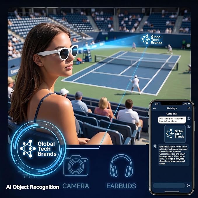 AI Smart Camera Glasses, 1080P HD POV Video Recording and Translator, Object Recognition, Bluetooth Audio for Music Calls, 290mAh Battery, Photochromic Lenses for Vlog, Travel and Work