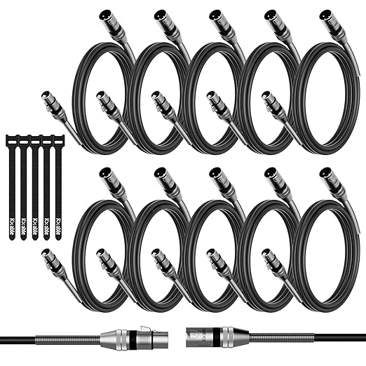 10-Pack DMX Stage Lighting Cable 4FT, 3 Pin XLR Male to Female Cable, Compatible with XLR Microphone Audio Connection, for DJ Moving Head Par Light Mic Mixer, Podcast, 22AWG OFC, 110 Ohms Impedance