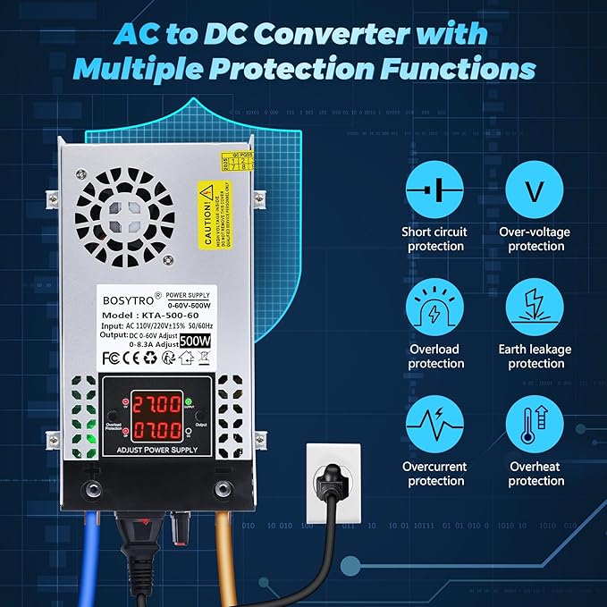 Upgraded AC to DC Converter 5V 12V 24V 30V 48 60v DC Power Supply Adjustable 0-60V 0-8.3A 500W Switching Power Supply for Led Strip, Motor Pump, CCTV, 3D Printer, Lab Computer