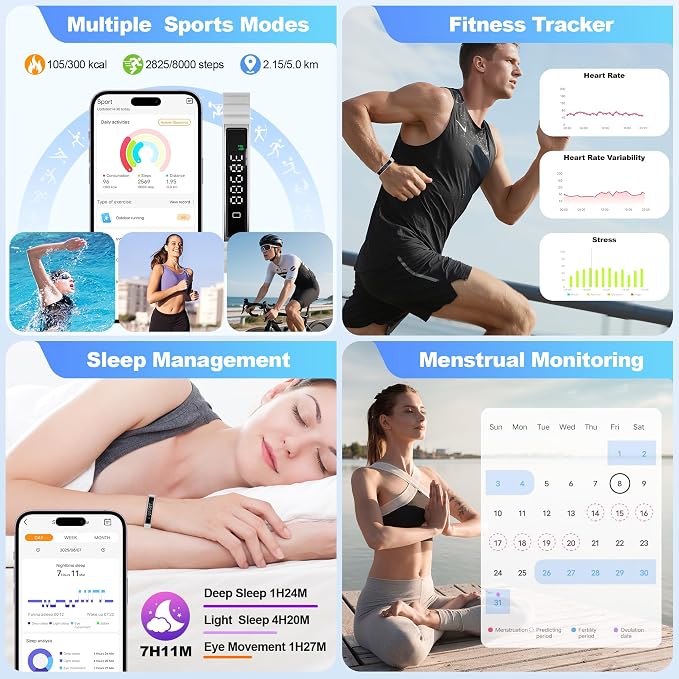 Smart Bracelet for Women Men, Health Activity Fitness Trackers, 24/7 Heart Rate & Sleep Tracker, HRV & Stress Monitor, Smart Wristband with 2 Bands for Calorie/Step Counter, Free APP for iOS & Android