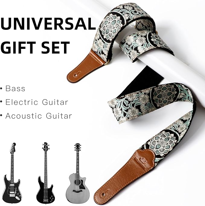 Guitar Strap, Electric& Acoustic bass Guitar Straps,Embroidered Filament with Head Cowhide Leather Strap, with Free Strap Button,2 Guitar Strap Locks，4Guitar Pick (Green Floral Print)