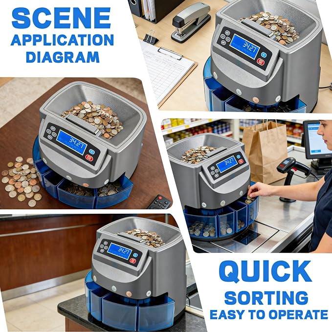 Coin Counter Machine, Coin Sorter Machine with LCD Display, 500 Coins Capacity Automatic Coin Sorter and Wrapper Machine, Change Counter for USD Coin 1￠ 5￠ 10￠ 25￠ $1, Sorts up to 270 Coins/min