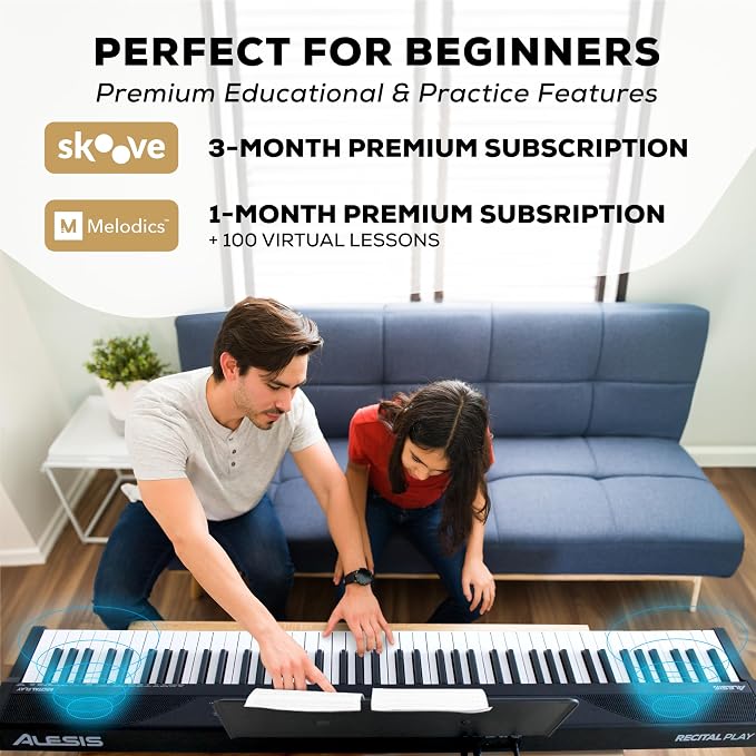 Alesis 88 Key Keyboard Piano with 480 Sounds, Speakers, USB MIDI, Sheet Music Tablet Rest, Power Adapter and Piano Lessons for Beginners