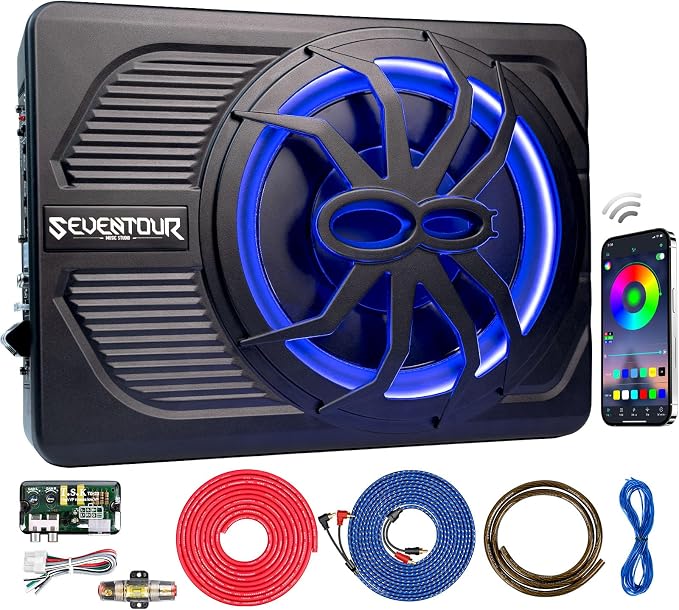 Seventour 10" Upgrade 800W Slim Under Seat Powered Car Subwoofer, Car/Truck Audio Sub Built in Amplifier amp Combo, with Blue LED Light (RGB LED Subwoofer+Installation Wire Kit)