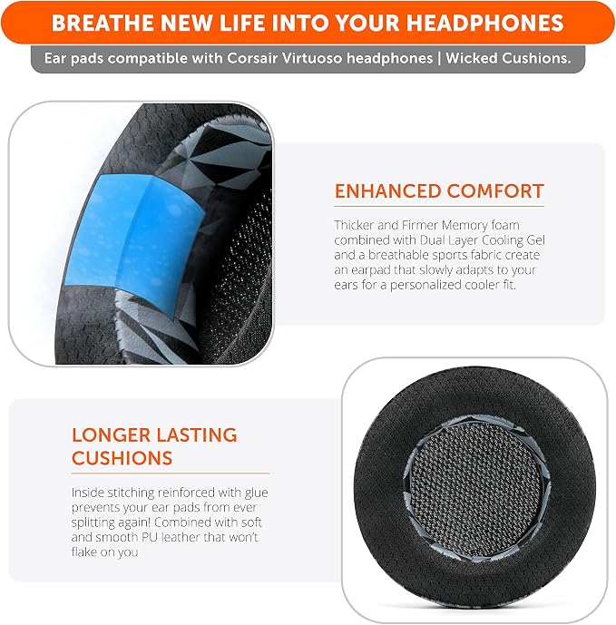 WC Freeze Virtuoso - Hybrid Fabric Cooling Gel Replacement Earpads for Corsair Virtuoso Gaming Headset, Made by Wicked Cushions, Improved Durability, Thickness and Sound Isolation | Geo Grey