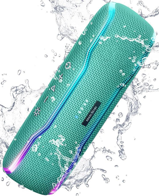 ERKEISEHN Bluetooth Speaker, IPX7 Waterproof Wireless Speakers, Flashing Light, 25W Super Bass, 24H Playtime, Birthday Valentines Gifts for Him/Men, TWS Pairing, Beach Vacation Essentials, Grass Green